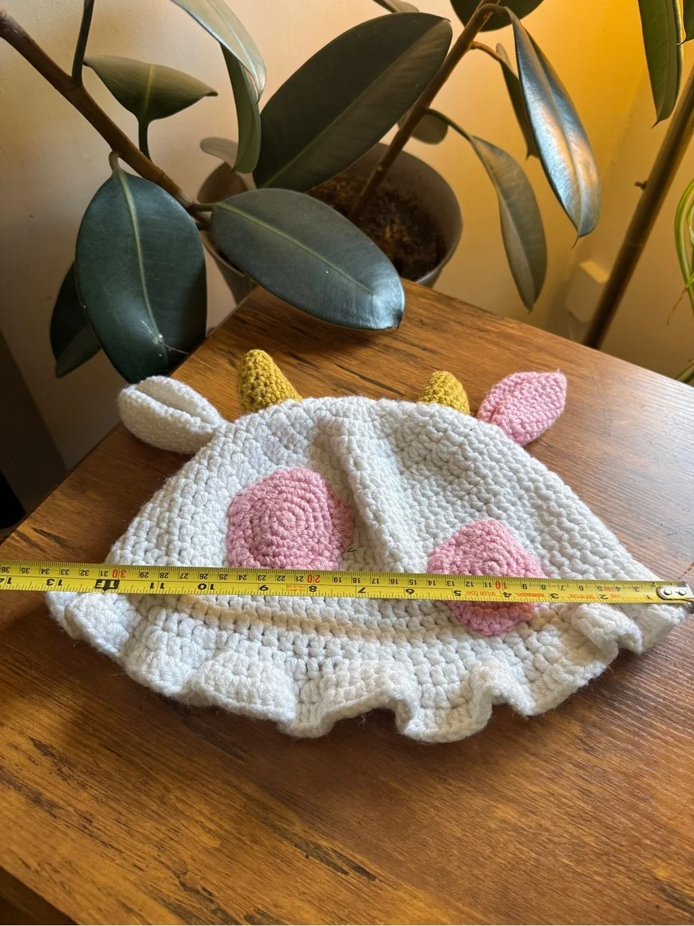 Handmade Crochet Unicorn Hat - Cream with Pink and Mustard Accents